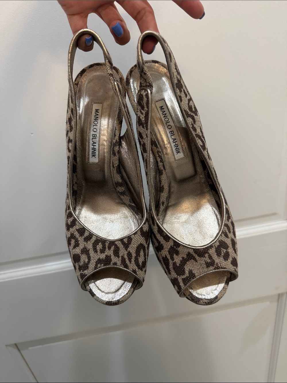 Manolo Blahnik Leopard Print Peep-Toe Slingback Wedges - Brown